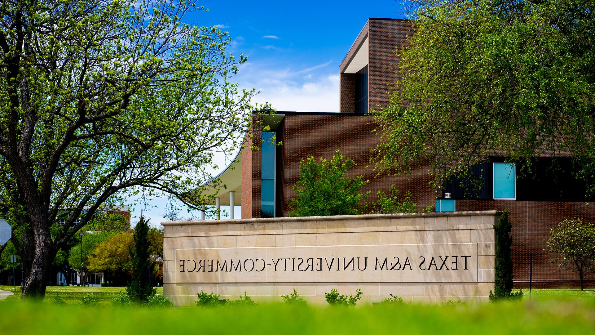 石碑与德州A&M University-商务 name on campus.